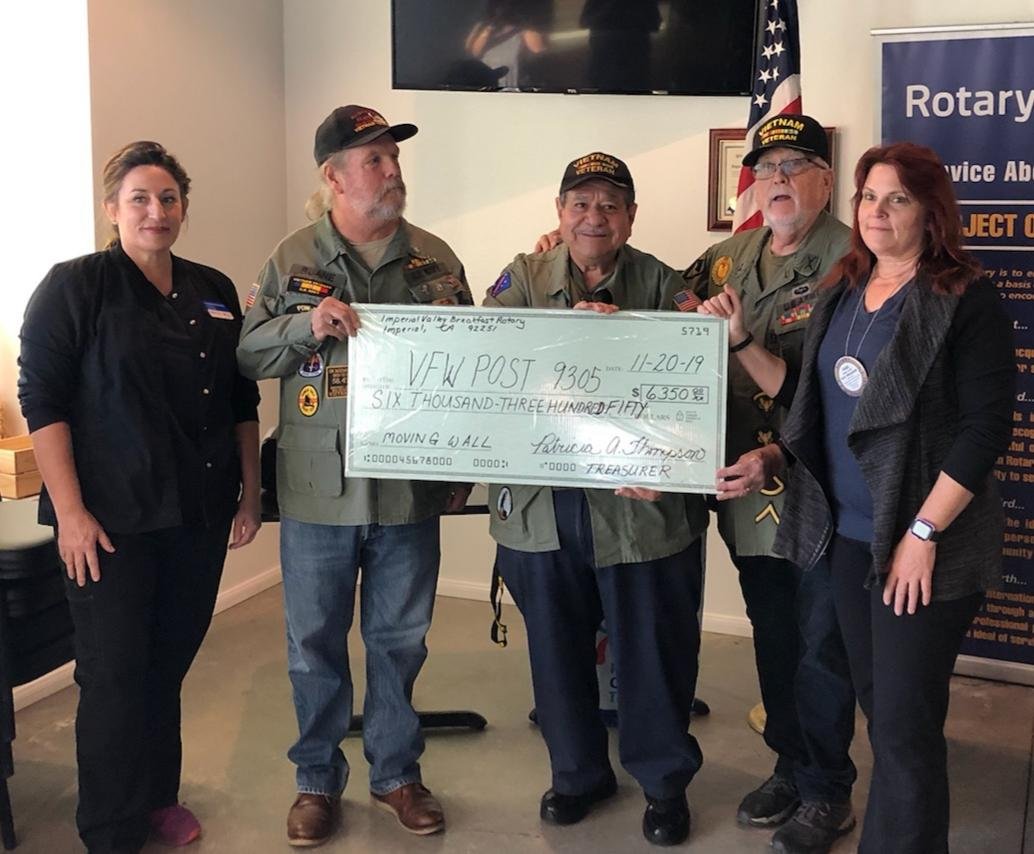 Pictured from left are Imperial Valley Breakfast Rotary Club President Georgene Kelley-Rondero, VFW Post 9305 veterans Rick Ruane, Jesse Chavarria and Thomas Henderson, and Paige Lovitt, club liaison and committee chair