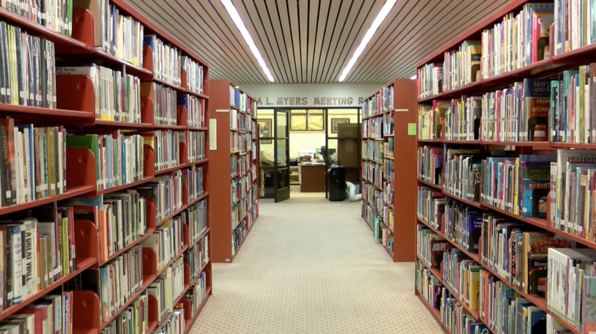 Bookcases inside the Camarena library.