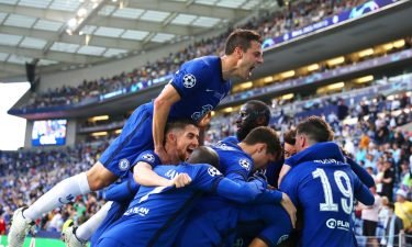Chelsea team celebrates after scoring a goal against Manchester City on May 29