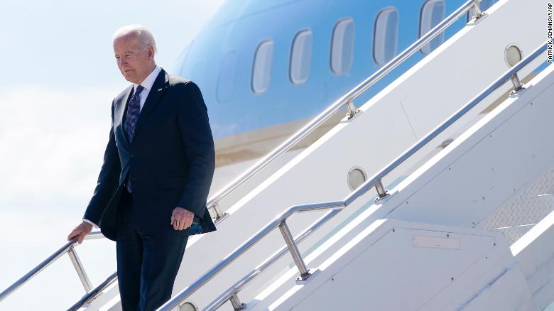 President Joe Biden steps off Air Force One at Geneva Airport in Geneva, Switzerland, Tuesday, June 15, 2021. Biden is scheduled to meet with Russian President Vladimir Putin in Geneva, Wednesday, June 16, 2021. (AP Photo/Patrick Semansky)