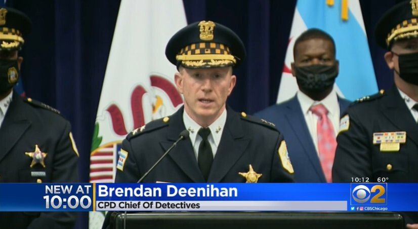 <i>WBBM</i><br/>Chicago Police Chief of Detectives Brendan Deenihan (center) called the shooting death of a 24-year-old victim 