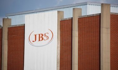 Signage is displayed outside the JBS USA pork processing plant in Louisville