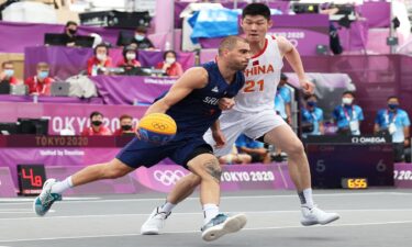 Dusan Bulut dribbles during a 3x3 basketball game