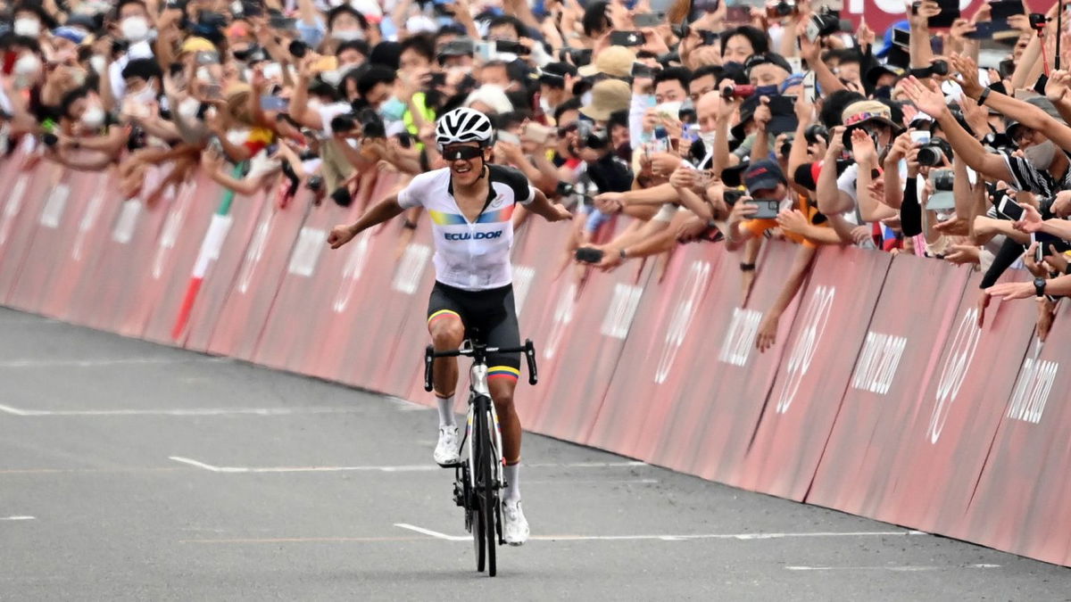 Winner Richard Carapaz of Ecuador finishes jubilant at Fuji Speedway