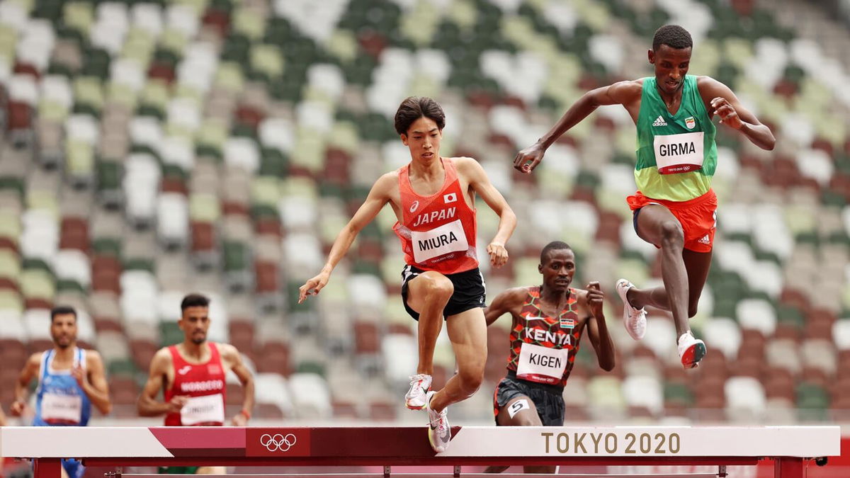 Lamecha Girma of Team Ethiopia competes during round one of the Men's 3000m Steeplechase heats