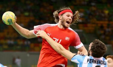 Mikkel Hansen of Denmark shoots at goal