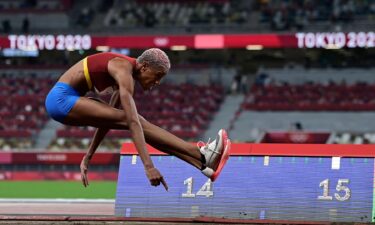 Venezuela's Yulimar Rojas competes in the women's triple jump qualification during the Tokyo 2020 Olympic Games