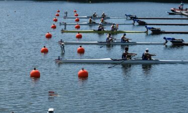 Athletes wait at the start ahead of the Men's Double Sculls at 2019 World Juniors in Tokyo