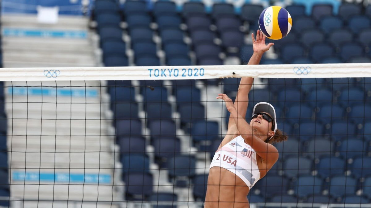 Sarah Sponcil of Team USA extends for the strike against Team Brazil.