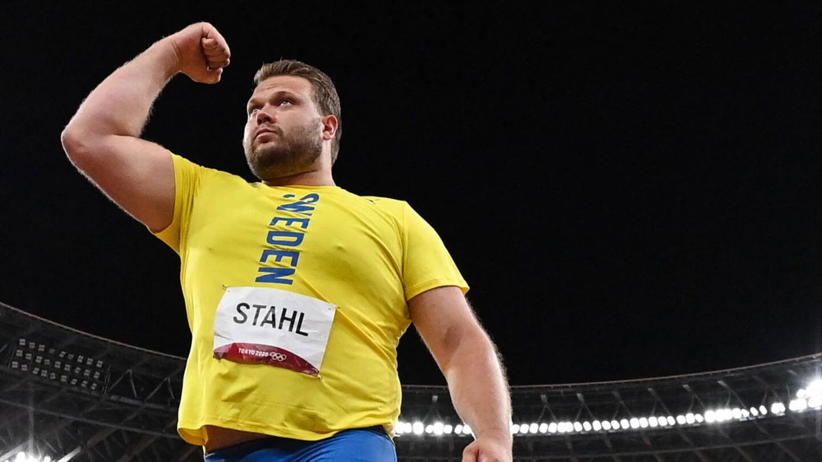 Sweden's Daniel Stahl reacts while competing in the men's discus throw final during the Tokyo 2020 Olympic Games