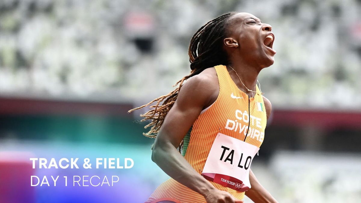 Ivory Coast's Marie-Josee Ta Lou reacts as she wins her race in the women's 100m heats during the Tokyo 2020 Olympic Games