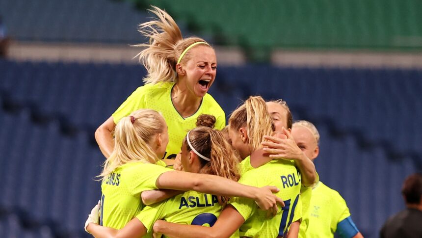 Fridolina Rolfo celebrates the second of her goals for Sweden versus Australia