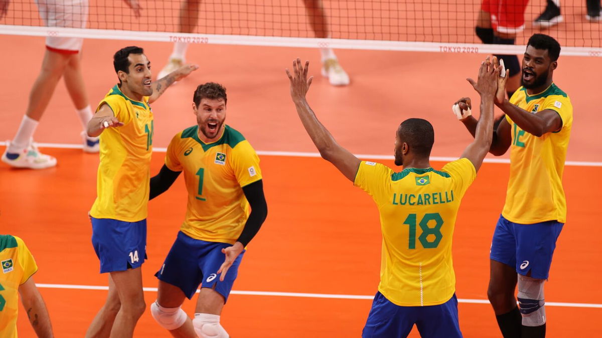 Team Brazil celebrates against Team Tunisia during pool play