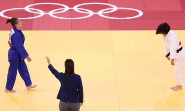 Nora Gjakova of Team Kosovo during the Women’s Judo 57kg Semifinal at Nippon Budokan