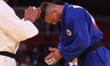 Lukas Krpalek of Czech Republic celebrates winning Olympic gold over Guram Tushishvili of Georgia