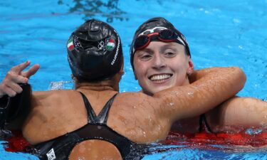 Katie Ledecky is congratulated by Simona Quadarella after winning her latest Olympic gold medal