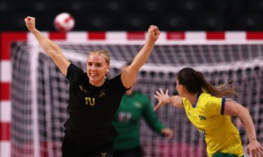 Mathilda Lundstrom of Sweden celebrates after scoring a goal against Brazil at the Tokyo 2020 Olympic Games