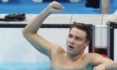 Bobby Finke of United States reacts after winning the gold medal in the men's 800m freestyle.