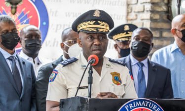 Haitian National Police Chief Léon Charles speaks during a press conference at Haitian Interim Prime Minister Claude Joseph's residence on July 16