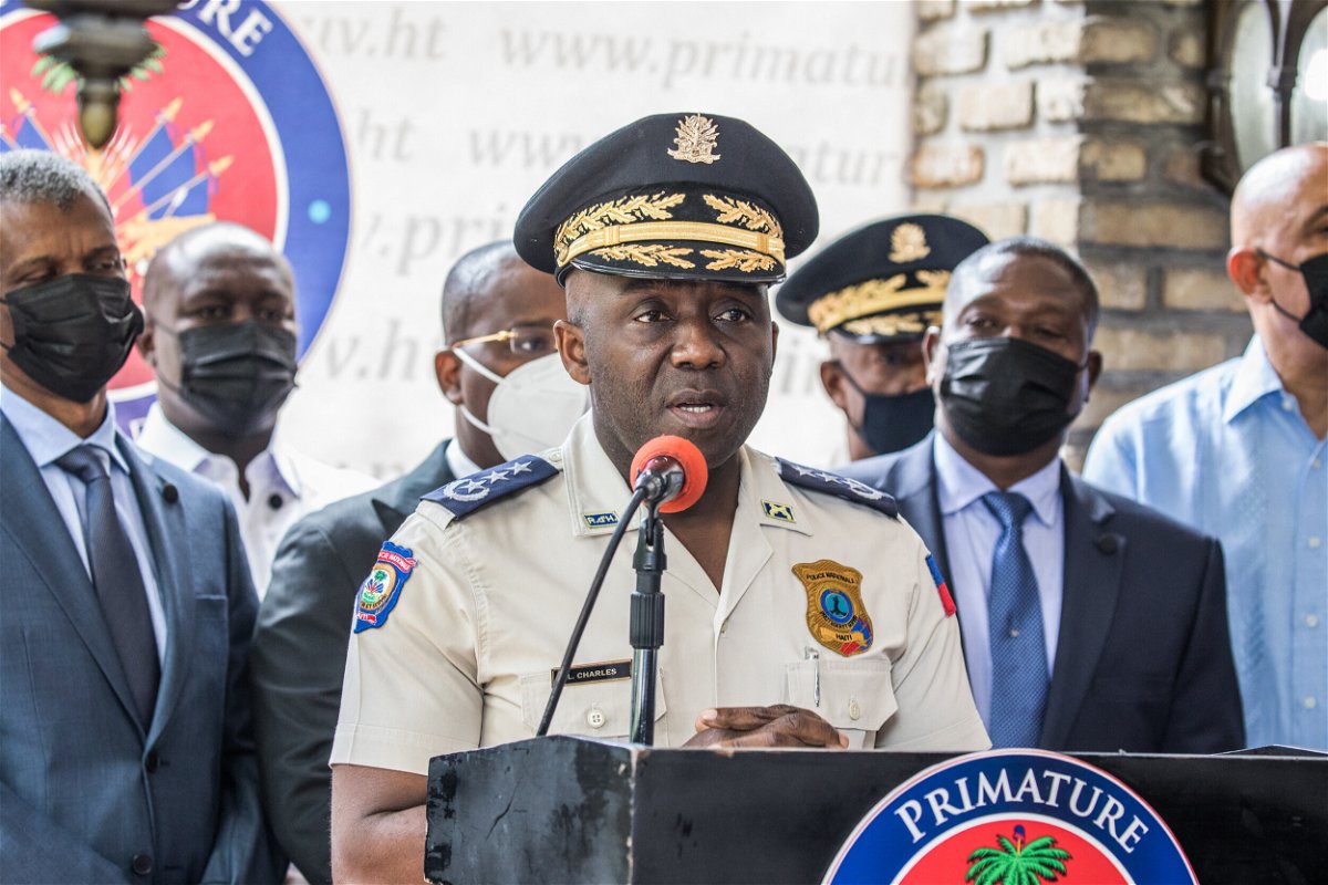 <i>alerie Baeriswyl/AFP/Getty Images</i><br/>Haitian National Police Chief Léon Charles speaks during a press conference at Haitian Interim Prime Minister Claude Joseph's residence on July 16