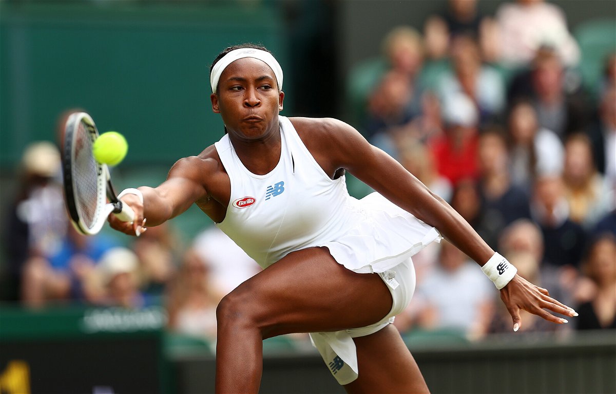 <i>Julian Finney/Getty Images</i><br/>Coco Gauff competes in a match against Angelique Kerber of Germany during Wimbledon on July 5 in London