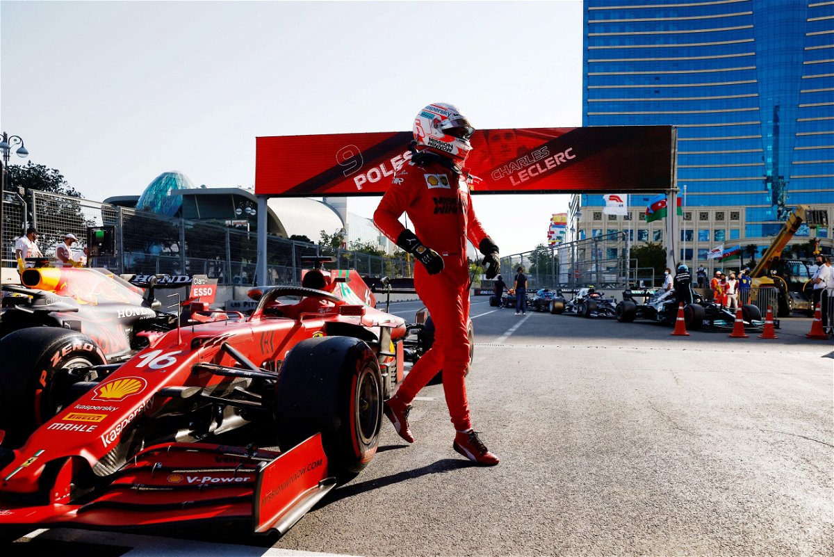 <i>Maxim Shemetov/Pool/Getty Images</i><br/>Leclerc and Ferrari celebrates in Parc Ferme during qualifying ahead of the Azerbaijan Grand Prix  on June 5 in Baku