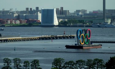 The Olympic Rings float on a barge at Odaiba Marine Park as Tokyo prepares for the 2020 Summer Olympics