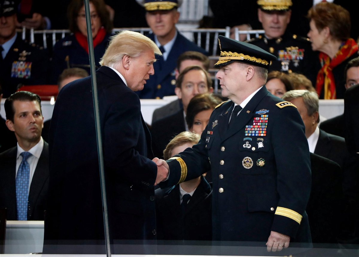 <i>Pablo Martinez Monsivais/AP</i><br/>Then-President Donald Trump shakes hands with Army Chief of Staff General Mark A. Milley during the 58th Presidential Inauguration parade for Trump in January 2017.