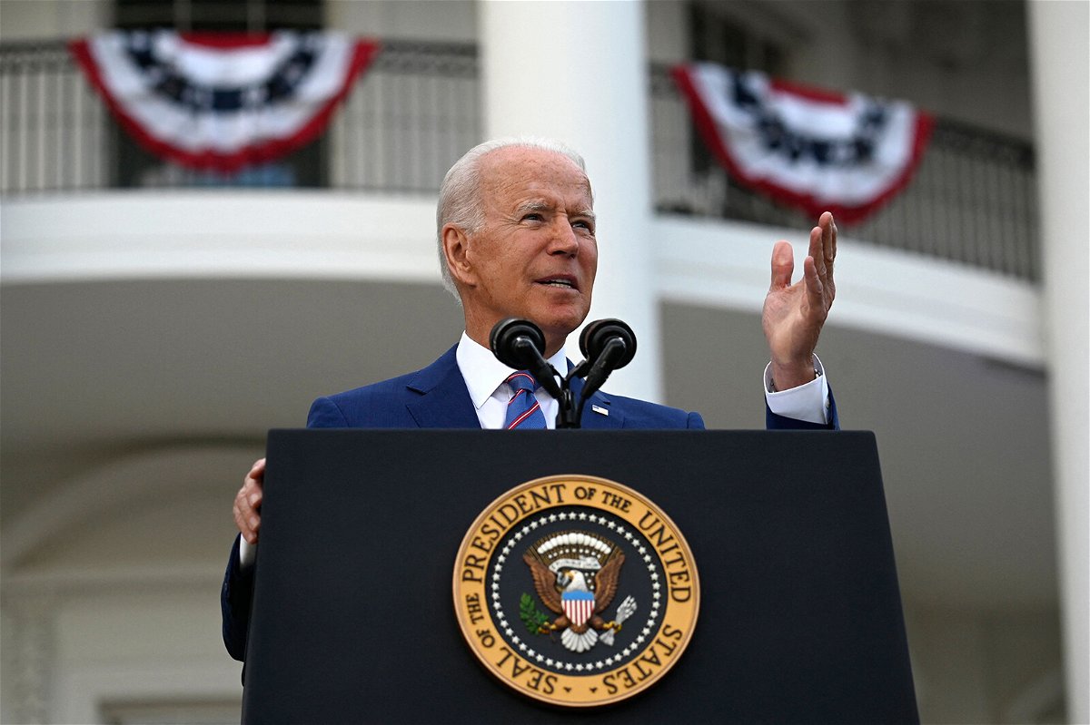 <i>Andrew Caballero-Reynolds/AFP/Getty Images</i><br/>US President Joe Biden gestures as he speaks on the South Lawn of the White House in Washington