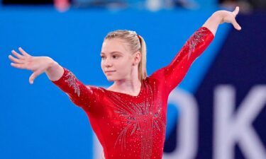 Jade Carey competes on the floor in the women's gymnastics qualifications during the Tokyo 2020 Olympics