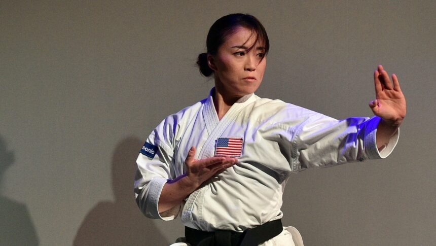 Martial artist Sakura Kokumai performs during a Panasonic press event for CES 2020 at the Mandalay Bay Convention Center on January 6