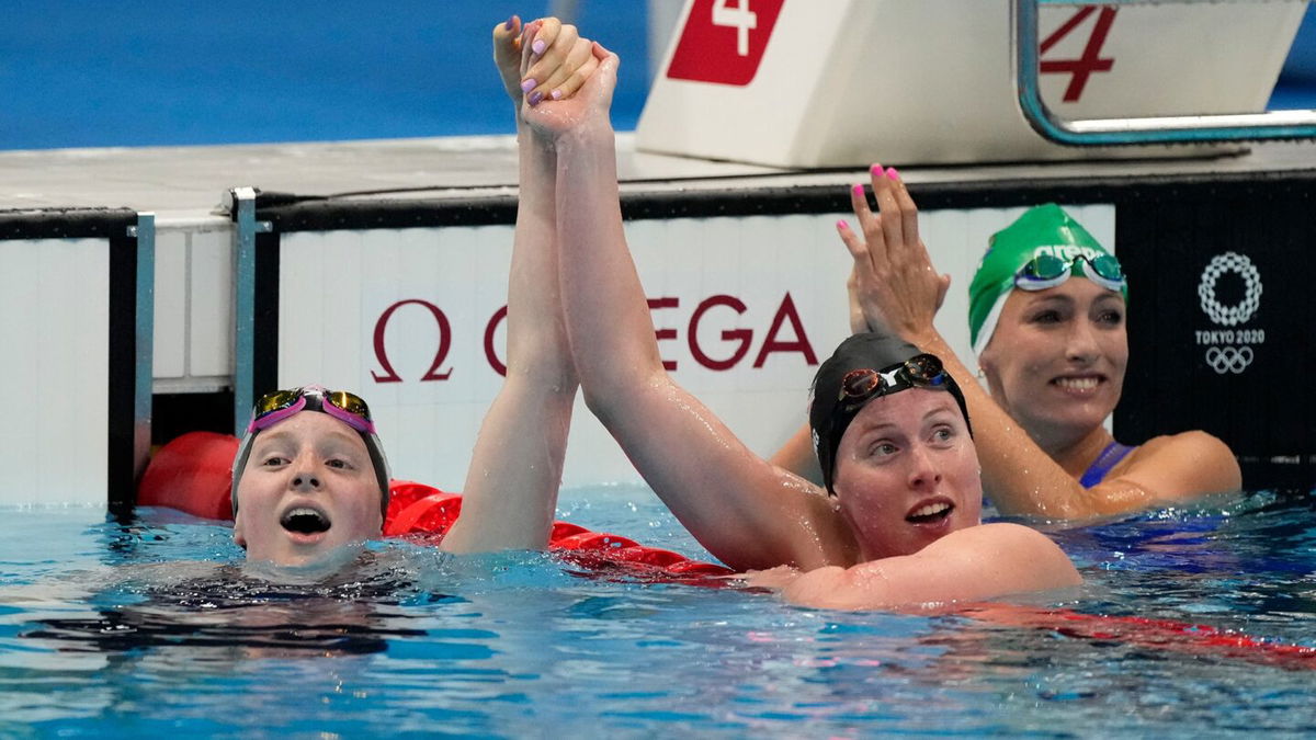 Lilly King congratulates gold medalist Lydia Jacoby following the women's 100m breaststroke final.