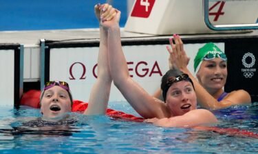 Lilly King congratulates gold medalist Lydia Jacoby following the women's 100m breaststroke final.