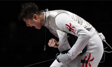 Cheung Ka Long celebrates winning a fencing bout a the Tokyo Olympics