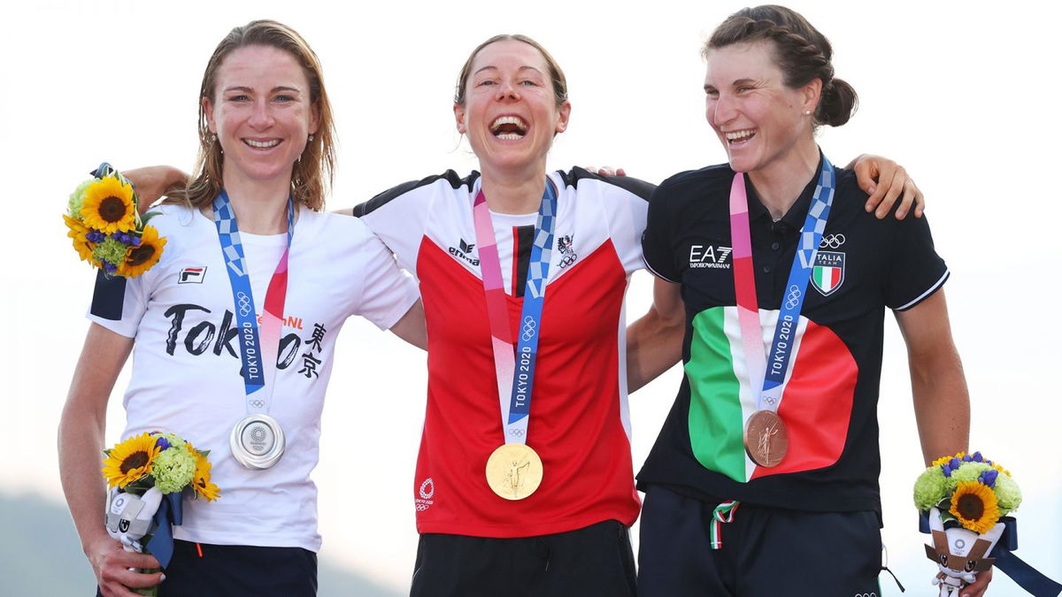 Women's road race medal ceremony at Tokyo Olympics