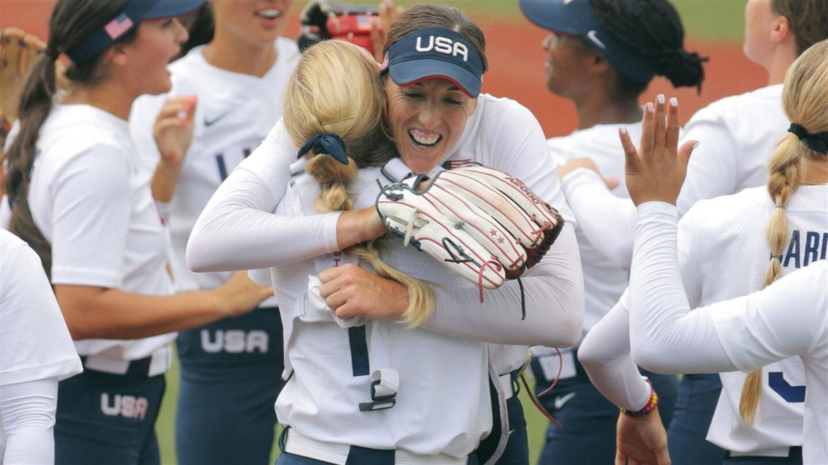 Monica Abbott celebrates U.S. win against Canada