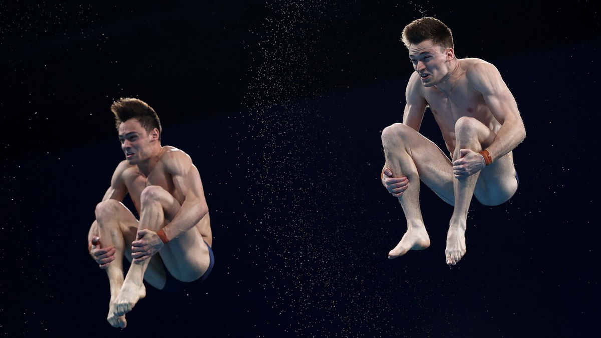 Tom Daley and Matty Lee of Great Britain compete during the men's synchronized 10m platform final.