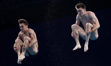 Tom Daley and Matty Lee of Great Britain compete during the men's synchronized 10m platform final.