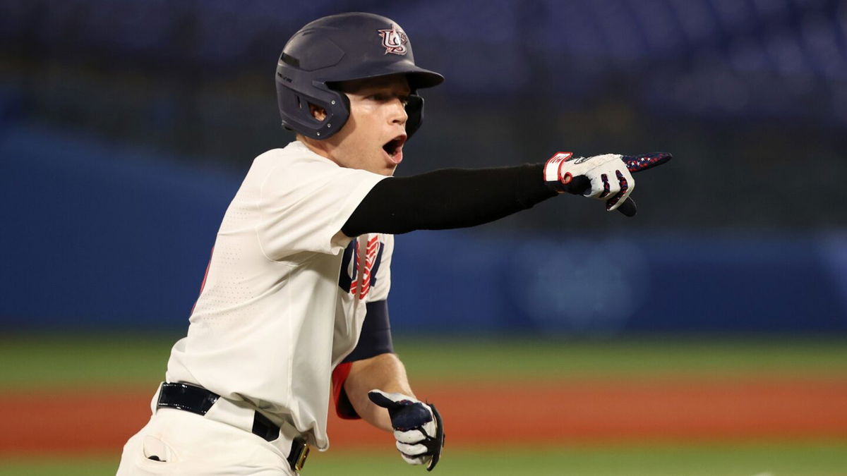 Nick Allen of the United States celebrates after hitting a one-run home run in the fifth inning during the baseball opening round Group B game against South Korea.