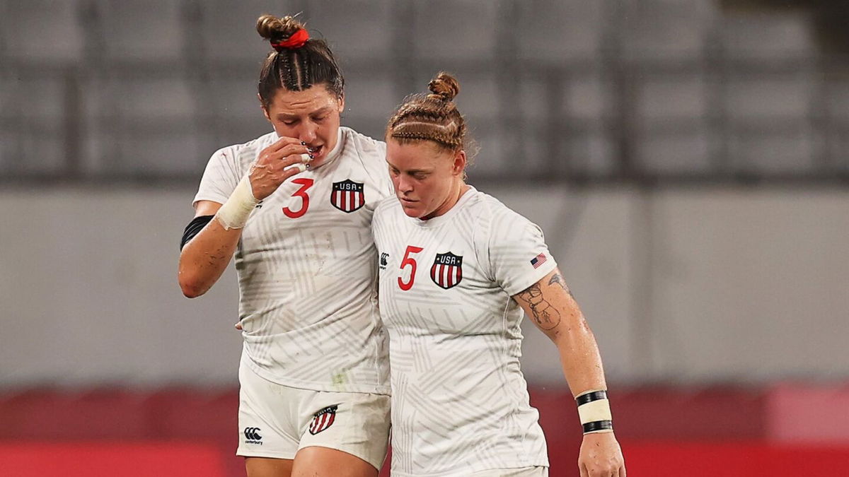 Abby Gustaitis and Alev Kelter of the United States react to a quarterfinal loss to Great Britain.