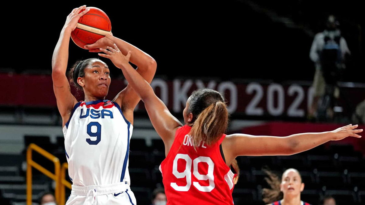 A'ja Wilson shoots against Japan