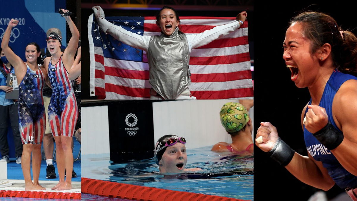 A collage of women at the Tokyo Olympics celebrating