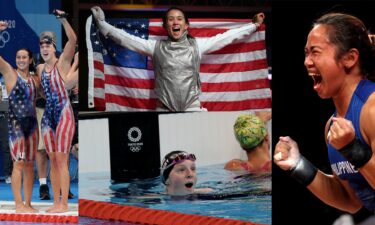 A collage of women at the Tokyo Olympics celebrating