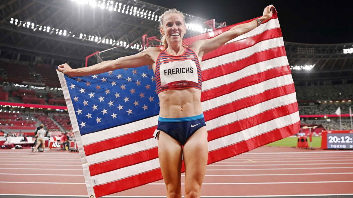 Courtney Frerichs celebrates her silver medal victory in the women's 3000m steeplechase