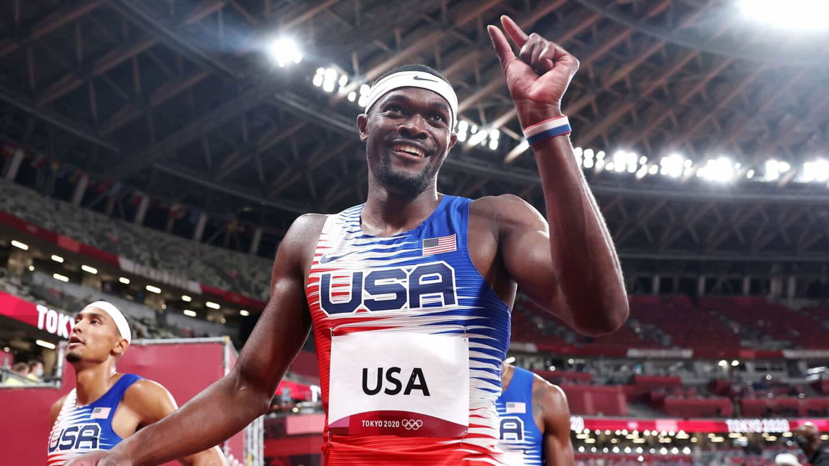 U.S. runner Rai Benjamin celebrates his team's victory in the men's 4x400 relay at the 2020 Tokyo Olympic Games.