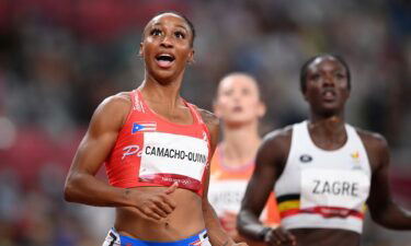 Jasmine Camacho-Quinn of Team Puerto Rico reacts after winning her Women's 100m Hurdles Semi-Final on day nine of the Tokyo 2020 Olympic Games