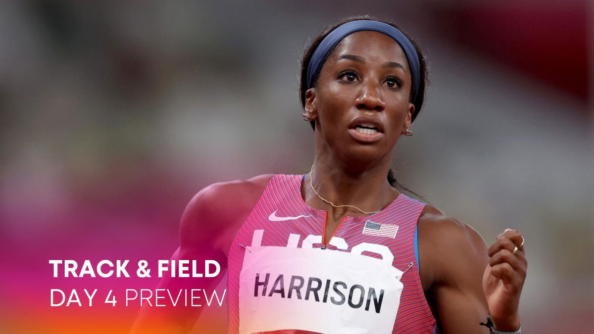 Kendra Harrison of Team United States reacts after competing in the Women's 100m Hurdles Semi-Final on day nine of the Tokyo 2020 Olympic Games