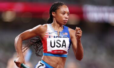 llyson Felix of Team United States competes in the Women' s 4 x 400m Relay Final on day fifteen of the Tokyo 2020 Olympic Games