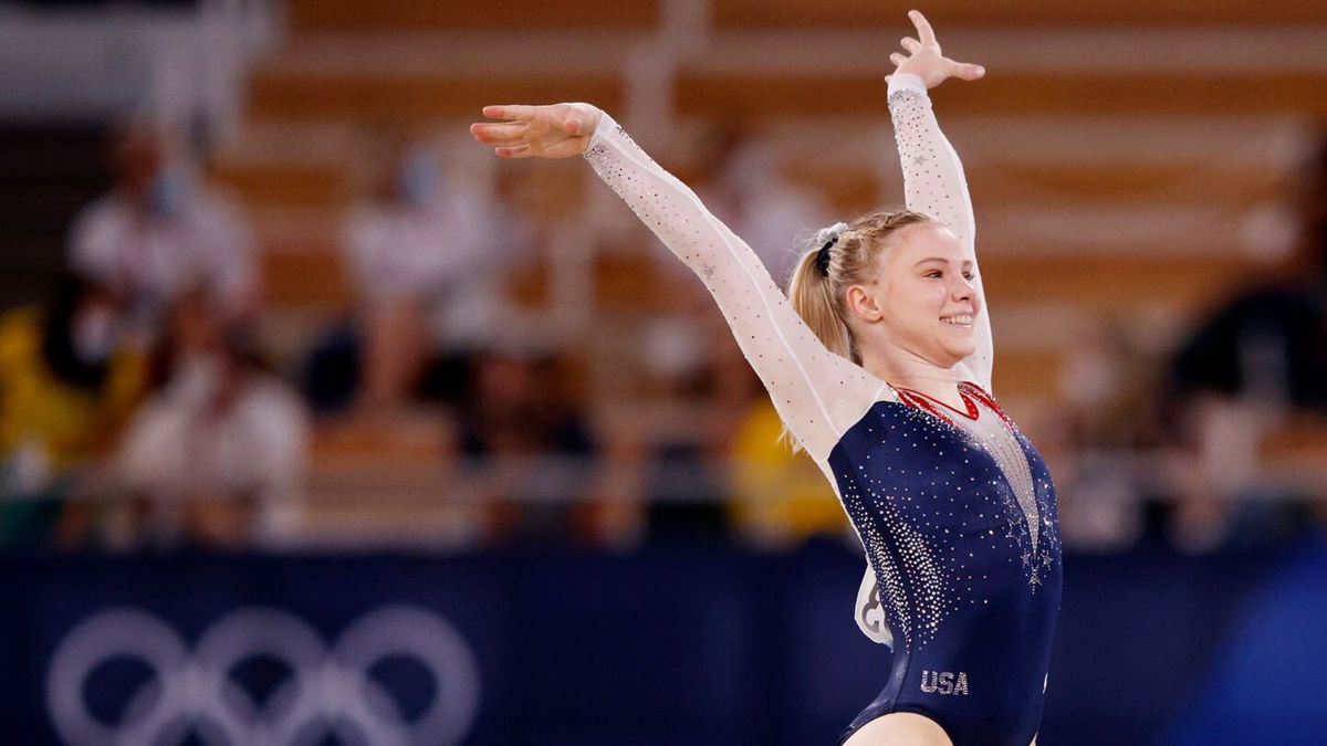 Jade Carey finishes floor routine