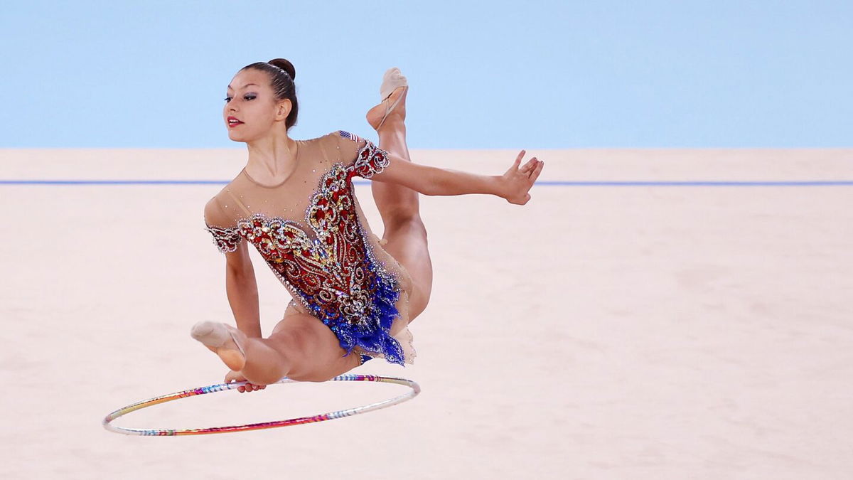 Evita Griskenas competes in rhythmic gymnastics